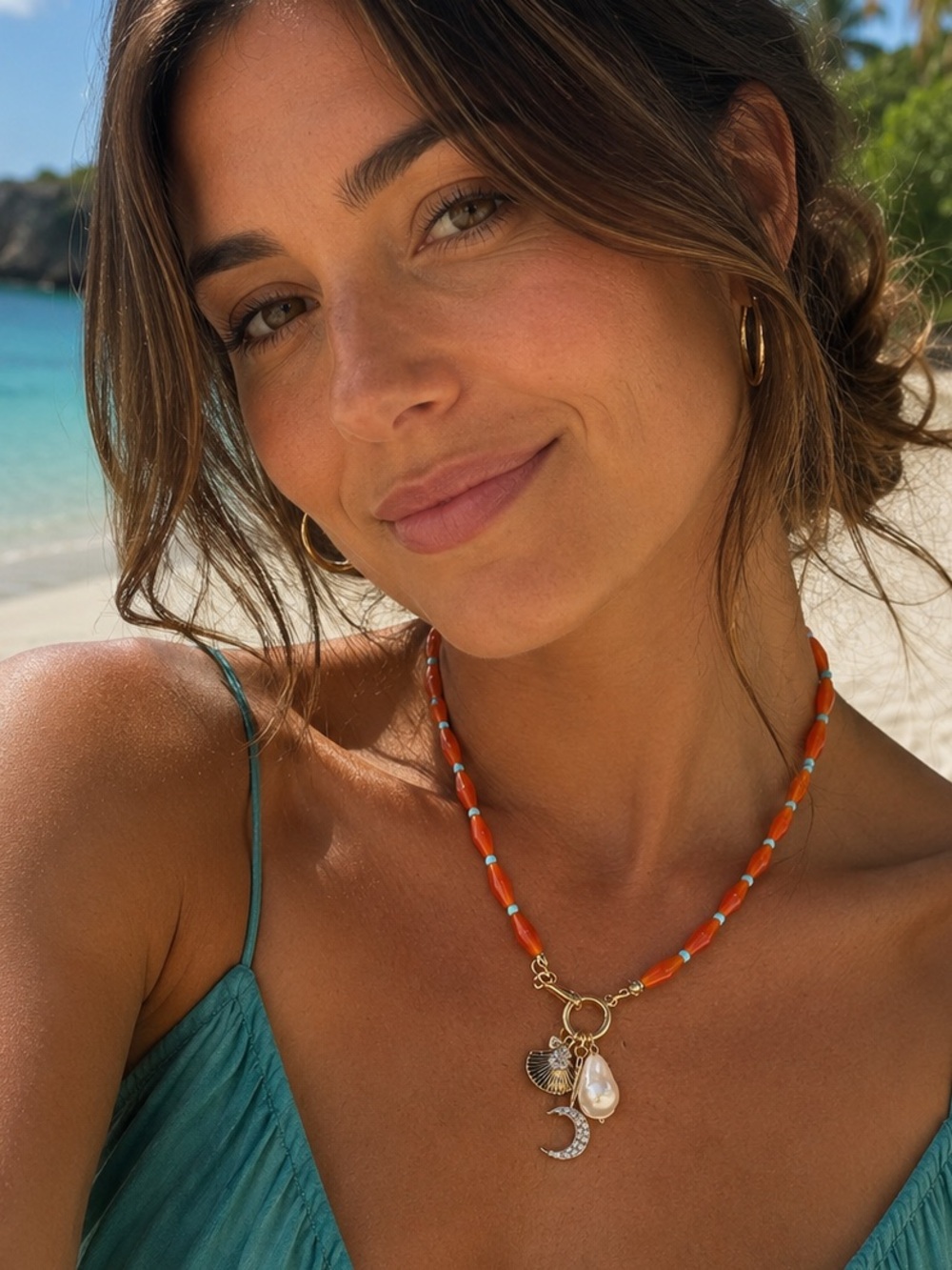 18” Gold Charm Necklace with Semi Precious stonPearl Drop, Moon, Seashell Charm